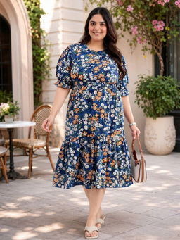 Virgio - Floral Viscose Printed Round Neck Plus Size Blue Dress