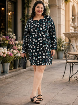 Virgio - Floral Cotton Wrapped Bodice Plus Size Black Dress