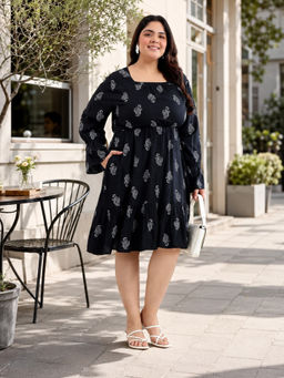Virgio - All Over Print Viscose Printed Square Neck Black Dress