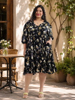 Virgio - Floral Viscose Ruffled Printed Tiered Plus Size Black Dress