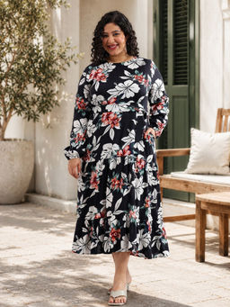 Virgio - Floral Viscose Printed Tiered Plus Size Dress