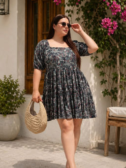 Virgio - All Over Print Viscose Paisley Printed Smocked Plus Size Black Dress