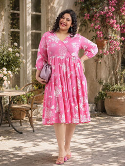 Virgio - Floral Viscose Printed V-Neck Plus Size Pink Dress