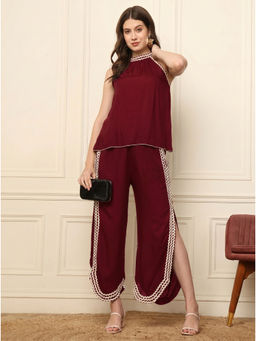 Deebaco - Maroon Solid Rayon Halter Neck Co-Ord Set