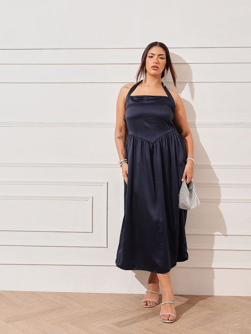 navy blue dress curvy Yours Curve Blue London Metallic Mesh Cold Shoulder Dress US 20 Womens