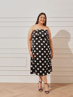 CURVY STREET - Polka Bandeau Polka Dots Print Black Dress