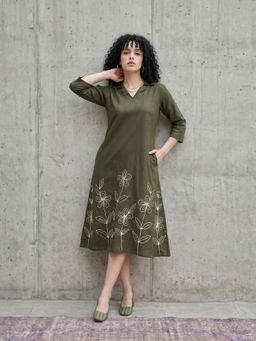 ZUMMER - Embroidered Olive Dress
