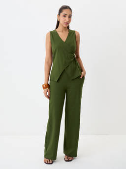 Femmella - Women's Cotton Olive Co-Ord Set
