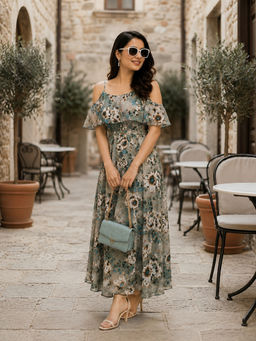 Oxolloxo - Women Floral Print Flounce Strappy Green Dress
