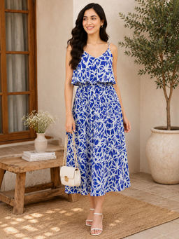 Oxolloxo - Women Blue Printed Flounce Madi Strappy Dress