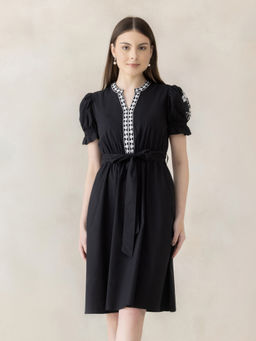 Oxolloxo - Women Round Neck Embroidered Cotton Poplin Black Dress