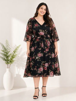 Oxolloxo - Women'S Plus Size Black Floral Print V-Neck Black Dress With Belt