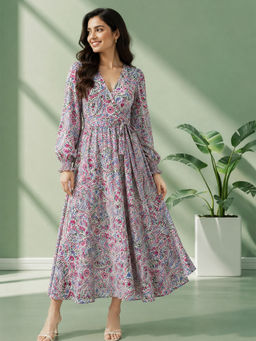 Oxolloxo - Women Multicolor Printed V- Neck Dress