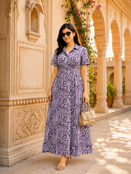 Oxolloxo - Women Grey Printed Collared Smocked Dress