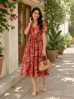 Oxolloxo - Women Rust Printed V-Neck Cotton Linen Dress