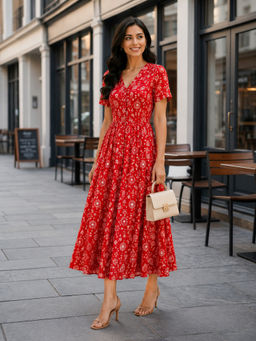 Oxolloxo - Women Red Printed V-Neck Cotton Linen Dress
