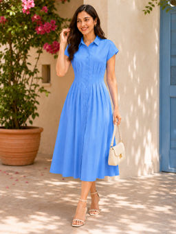 Oxolloxo - Women Blue Collared Smocked Cotton Dress