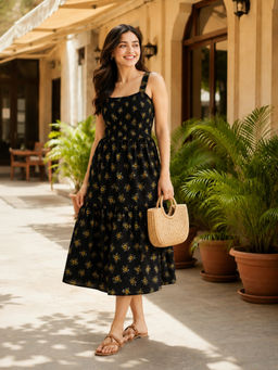 Oxolloxo - Women'S Black Floral Print Shoulder Strap Smocked Dress