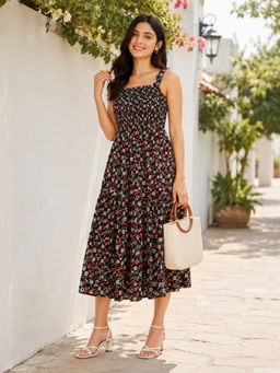 Oxolloxo - Women Black Floral Print Shoulder Strap Smocked Dress