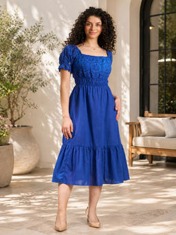 Virgio - Embroidered Cotton Schiffli Blue Dress