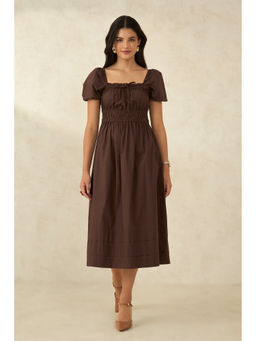Virgio - Solid Cotton Gather Details Brown Dress