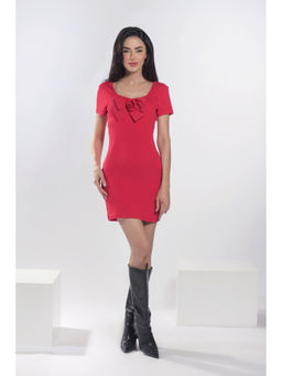 Virgio - Solid Viscose Rose-Bow Bodycon Red Dress