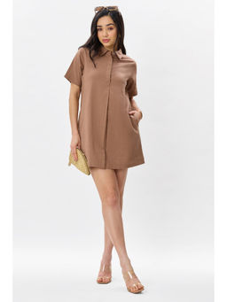 Virgio - Solid Cotton Boxy Fit Classic Brown Shirt Dress