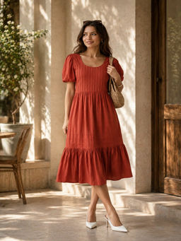 Virgio - Solid Viscose Pintuck Length Rust Dress