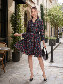 Virgio - Floral Cotton Black Knee Length Dress