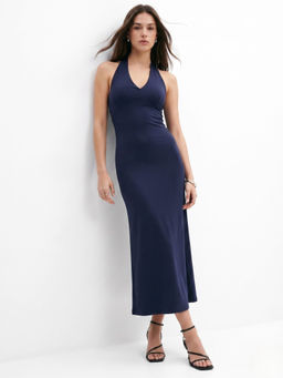 Outzidr - Navy Blue Halter Neck Back Tie Up Dress