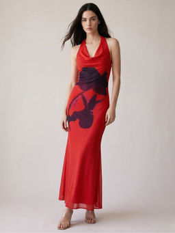 Outzidr - Red Cowl Neck Printed Dress