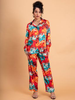 Lounge Dreams - Printed Satin Shirt And Pant Co-Ord (Set of 2)