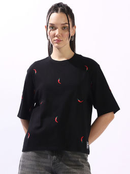 Hubberholme - Women Black Embroidered T-Shirt