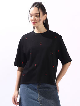 Hubberholme - Women Black Embroidered T-Shirt