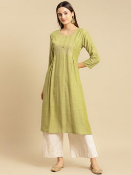 Rangita - Women Mint Green Yoke Zari Embroidered Calf Length A-line Kurta