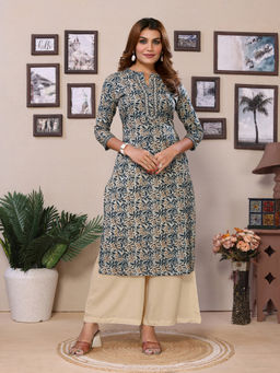 Rangita - Womens Teal Cotton Floral Calf Length Straight Kurta