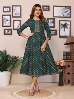 Rangita - Womens Green Rayon Printed Calf Length Anarkali Kurta