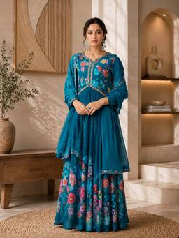 Jhambthread - Women's Silk Blend Teal Stitched Anarkali and Pant With Dupatta