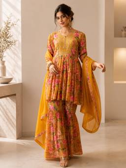 Jhambthread - Women's Silk Blend Mustard Stitched Kurta and Sharara With Dupatta