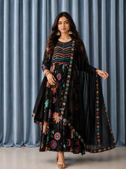 Jhambthread - Women's Silk Blend Black Stitched Anarkali and Pant With Dupatta