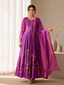 Jhambthread - Silk Blend Purple Stitched Anarkali and Pant With Dupatta