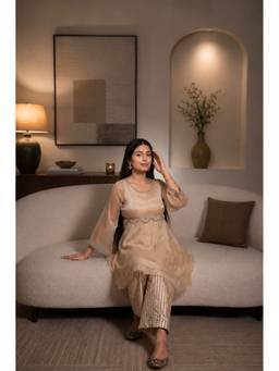 Jhambthread - Women's Organza Tissue Beige Stitched Kurta and Pant