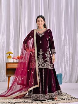 Jhambthread - Women Velvet Wine Sequence Embroidered Kurta and Sharara With Dupatta