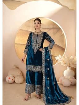 Jhambthread - Velvet Navy Blue Embroidery Work Kurta and Palazzo With Dupatta