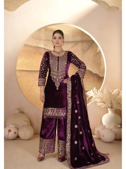 Jhambthread - Women Velvet Wine Sequence Embroidered Kurta and Sharara With Dupatta