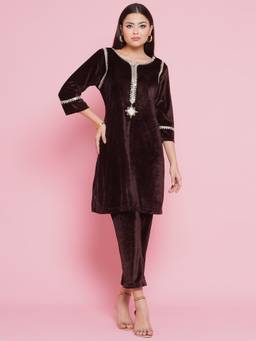 Jhambthread - Women Brown Mirror Work Velvet Coord Set