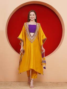 Jhambthread - Women Yellow Kaftan and Pant With Ineer and Potli