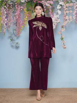 Jhambthread - Women Wine Velvet Hand Embellished Co-Ord Set