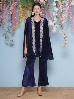 Jhambthread - Women Navy Blue Velvet Top and Sharara With Cape