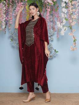 Jhambthread - Women Maroon Velvet Hand Embellished Kaftan and Pant